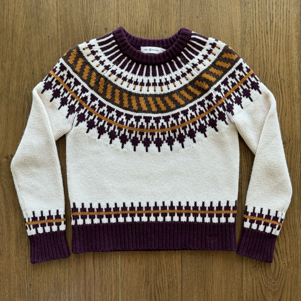 Tory Burch Fair Isle Sweater Merino Wool Apres Ski French Cream Multi
